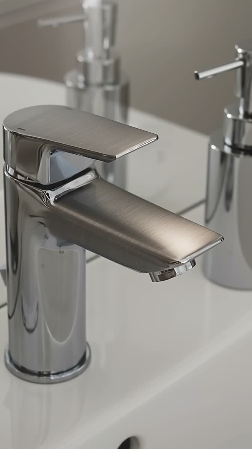A frame that was thrown out. A mirror behind the tap invented a second soap dispenser, and the tap itself changed finish mid-shot.